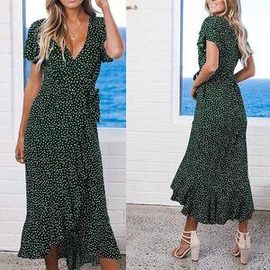 ZESICA Forest Green Polka Dot Printed Wrap V Neck Short Sleeve Dress L